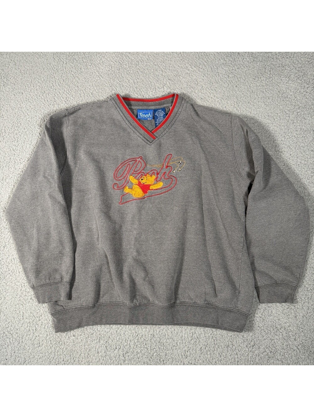 Vtg 90s DISNEY Winnie The Pooh Honey Bees L Pullover Sweatshirt Grey Embroidered
